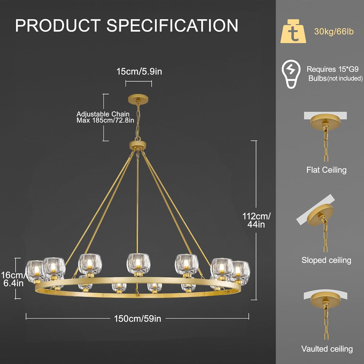 Gold Wagon Wheel Chandelier, 59 Inch Brass Chandeliers with Unique Glass Shade, 15-Light Crystal Large Wagon Wheel Chandeliers for Dining Room, High Ceiling Round Chandelier for Living Room, Foyer