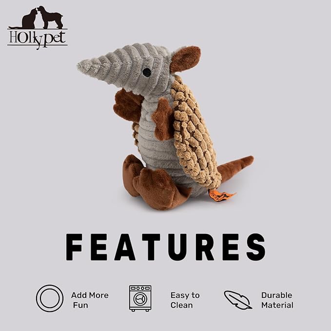 Hollypet Plush Dog Squeaky Toy Stuffed Armadillo Animal Pet Puppy Chew Toys with Clean Teeth for Small Medium Large All Breed Sizes Dogs, Light Brown, 10 in