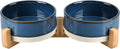SPUNKYJUNKY Ceramic Dog and Cat Bowl Set with Wooden Stand, Modern Cute Weighted Food Water Bowl Set for Small Size Dogs (1.7 Cups, 2 × Pattern Blue)