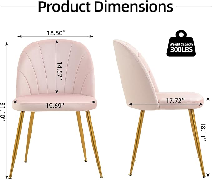 Velvet Dining Chairs Set of 4, Upholstered Mid Century Modern Dining Chairs, Armless Accent Chair with Metal Gold Legs for Living Room, Kitchen, Dining Room, Pink