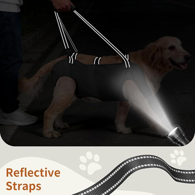 Full Body Dog Lift Harness, Support Senior & Disabled Dogs Walking | Help Up & Down Stairs Grooming, Dog Sling Backpack, Front Hind Leg Joint Injuries, Reflective, Soft Padded Handle | Black, L