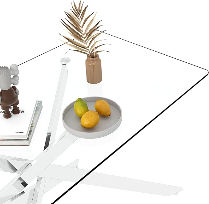60" Glass Dining Table Modern Kitchen Table for 4-6 People, Contemporary Rectangular Dining Room Dinner Tables with Clear Glass Top & Silver Metal X Legs for Kitchen Apartment