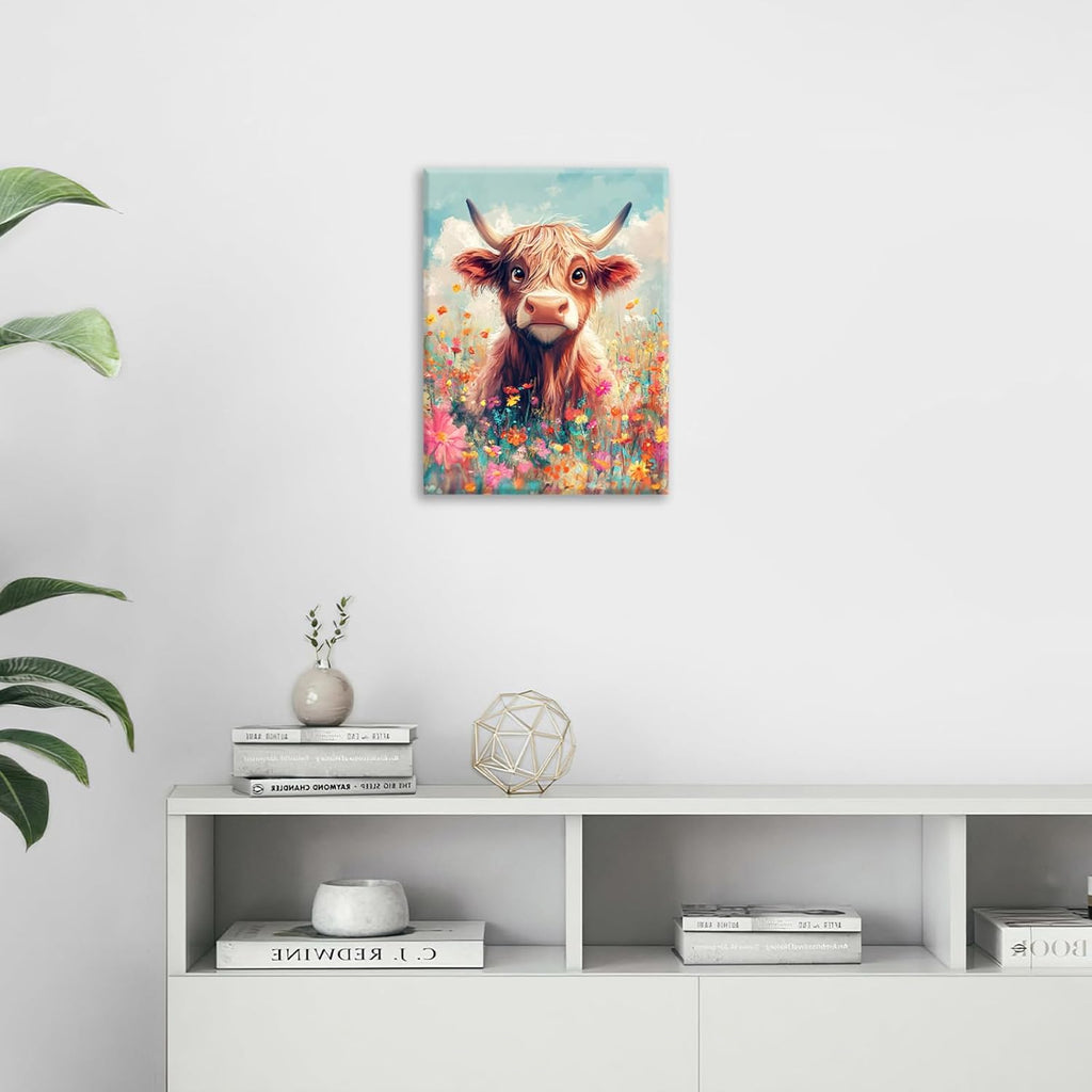 Highland Cow Wall Art Canvas Flower Cattle Wall Decor Prints Framed Painting Animal Pictures Gifts Artwork for Bathroom Living Dining Kitchen 16"x20"