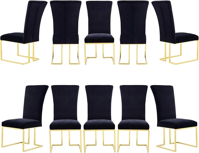 AUZ Dining Chairs Set of 10, Black Velvet Upholstered High Back Dining Chairs with Polished Gold Sled Legs
