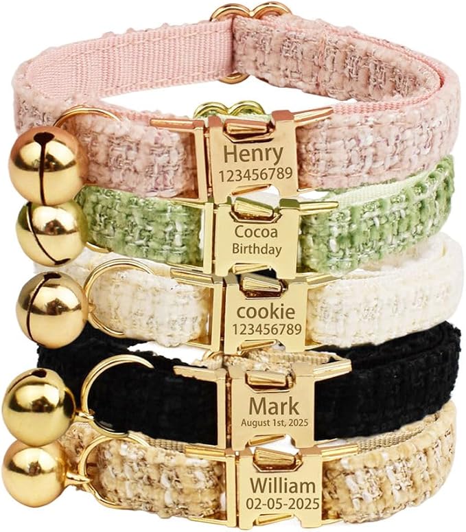 Personalized Cat Collar with Engraved Name and Phone Number - Customizable Kitten Collars for Girls (Tweed)