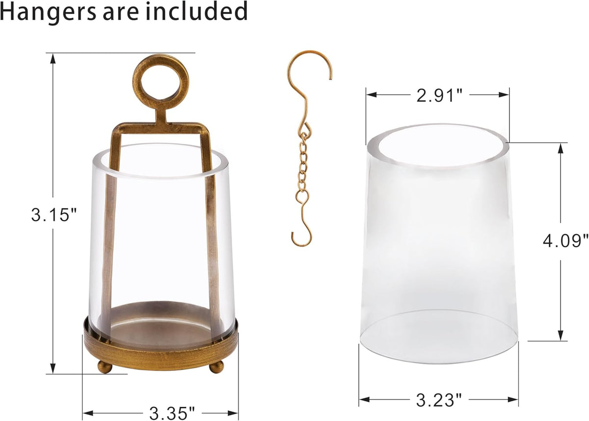 3'3" Wide Modern Metal Hurricane Lantern with Handmade Sturdy Glass Sleeve in Brass for Tealight Candle & Plants, Farmhouse Hurricane Industrial, Minimalistic, Shabby Chic (1, Brass, 3.3"x5.2")