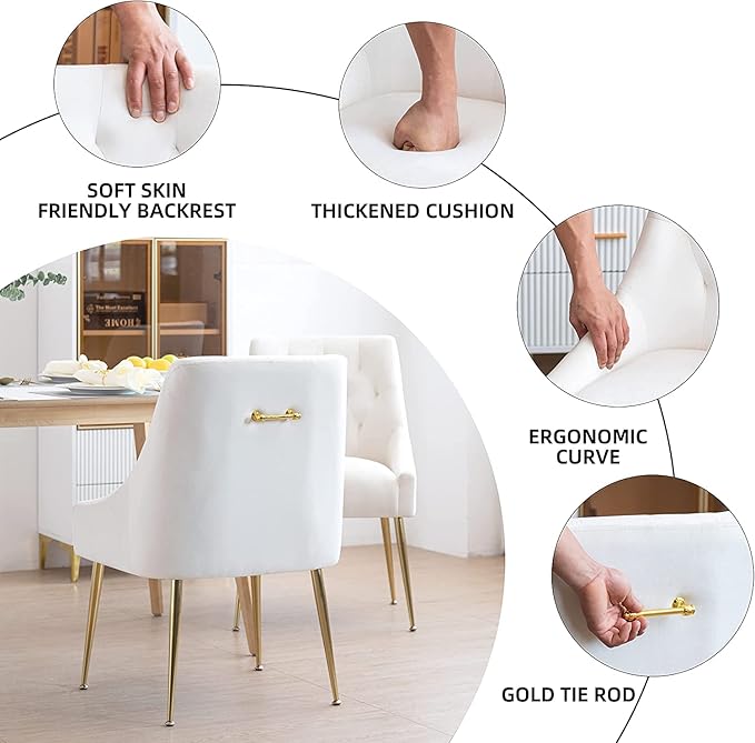 Modern Dining Chairs Set of 6, Mid Century Chairs with 5.12” Cushions and Golden Legs, Velvet Upholstered Dining Chairs with Back Pull Rod, for Kitchen, Living Room, Beige