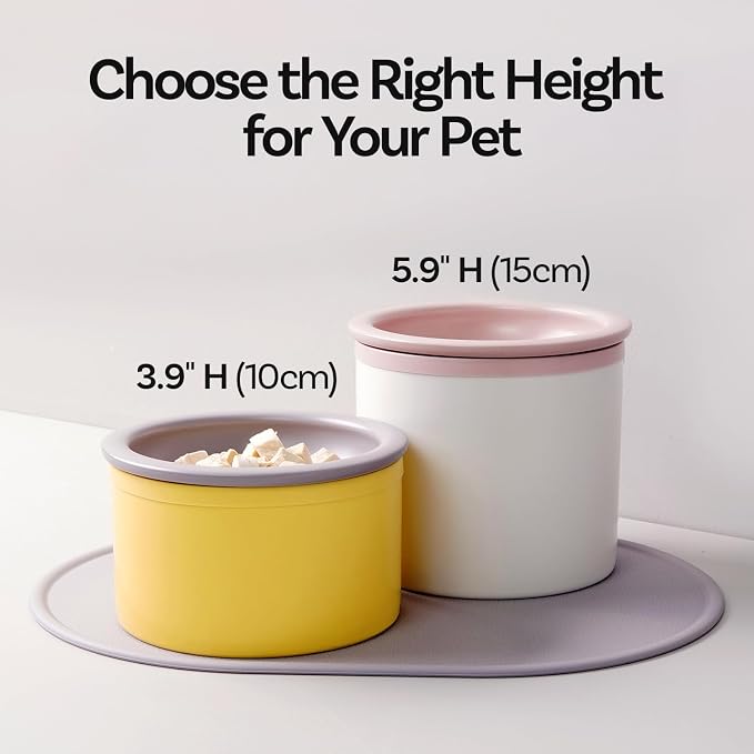 Hello Bowl Elevated Ceramic Cat Bowl with Stand, Raised Whisker-Friendly Feeding Bowl for Cats & Small Dogs, Patented Design, Made in Korea (Yellow, Round Only/Wet)