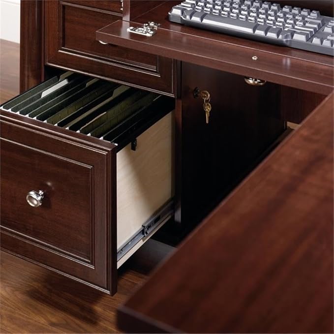 Pemberly Row 65" x 69" Contemporary Engineered Wood L-Shaped Desk with Storage, Drawers, Flip-Down Panel, Grommet Holes, for Home Office/Workspace, in Select Cherry Finish