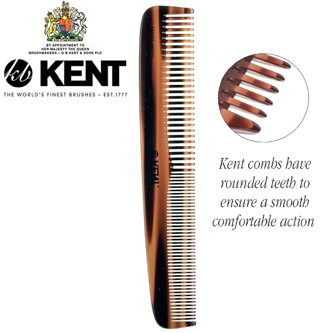 Kent 9T Double Tooth Dressing Table Comb, Tortoise Fine and Wide Tooth Coarse/Fine Dresser Comb for Hair, Beard, Mustache Styling, Grooming - For Men, Women, and Kids, Made in England