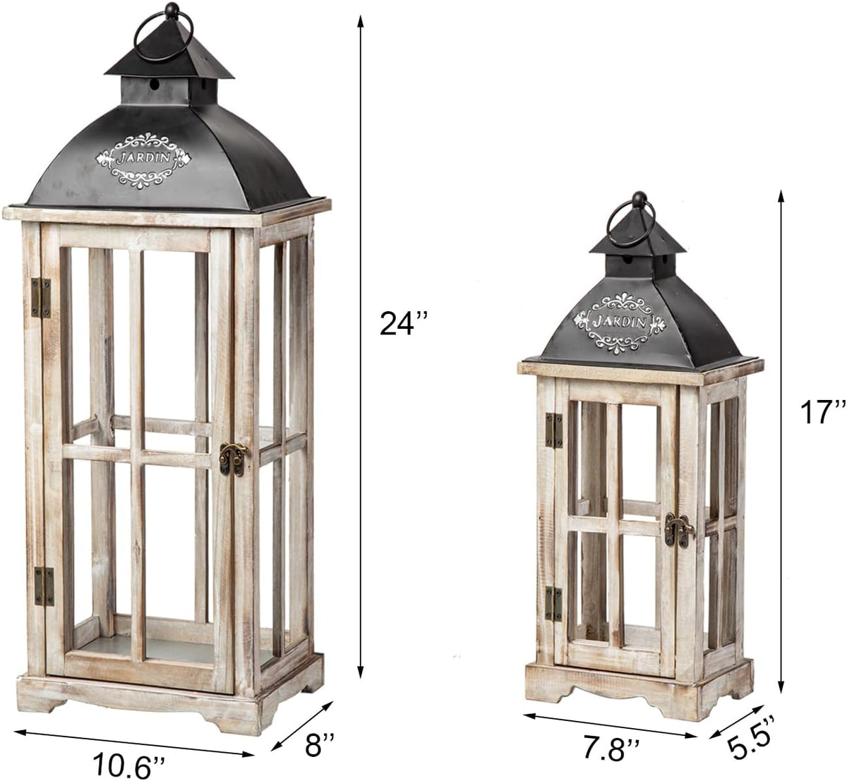 Set of 2 Large Decorative Wooden Metal Lanterns, Farmhouse Rustic Floor Candle Lanterns, Indoor/Outdoor Hanging Lanterns for Home Decor (No Glass)