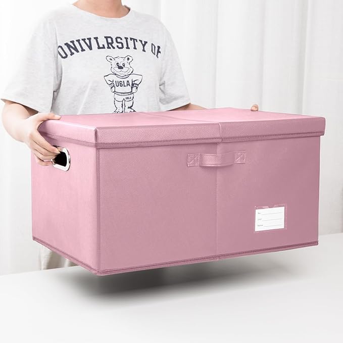 PRANDOM Collapsible Storage Box with Lid [3-Pack] Leather Fabric Foldable Storage Bin Organizer Container Basket Cube with Cover for Home Bedroom Closet Office Nursery Pink(22.8X15.7X11.8)