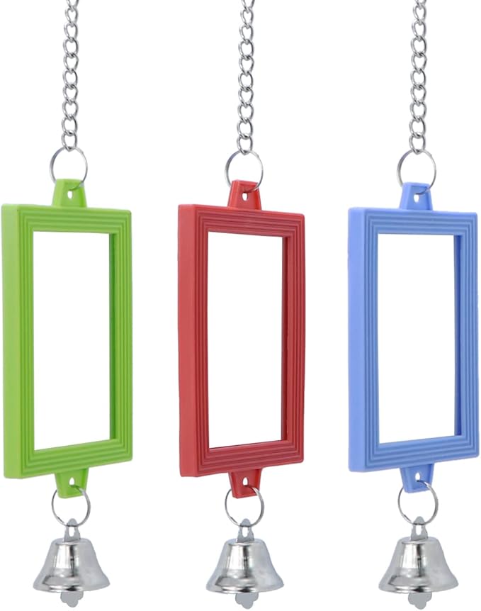 4 PCS Bird Mirror with Bell Parrot Hanging Interactive Playing Toy for Cockatiel Parakeets Canaries Budgie Cage Accessories