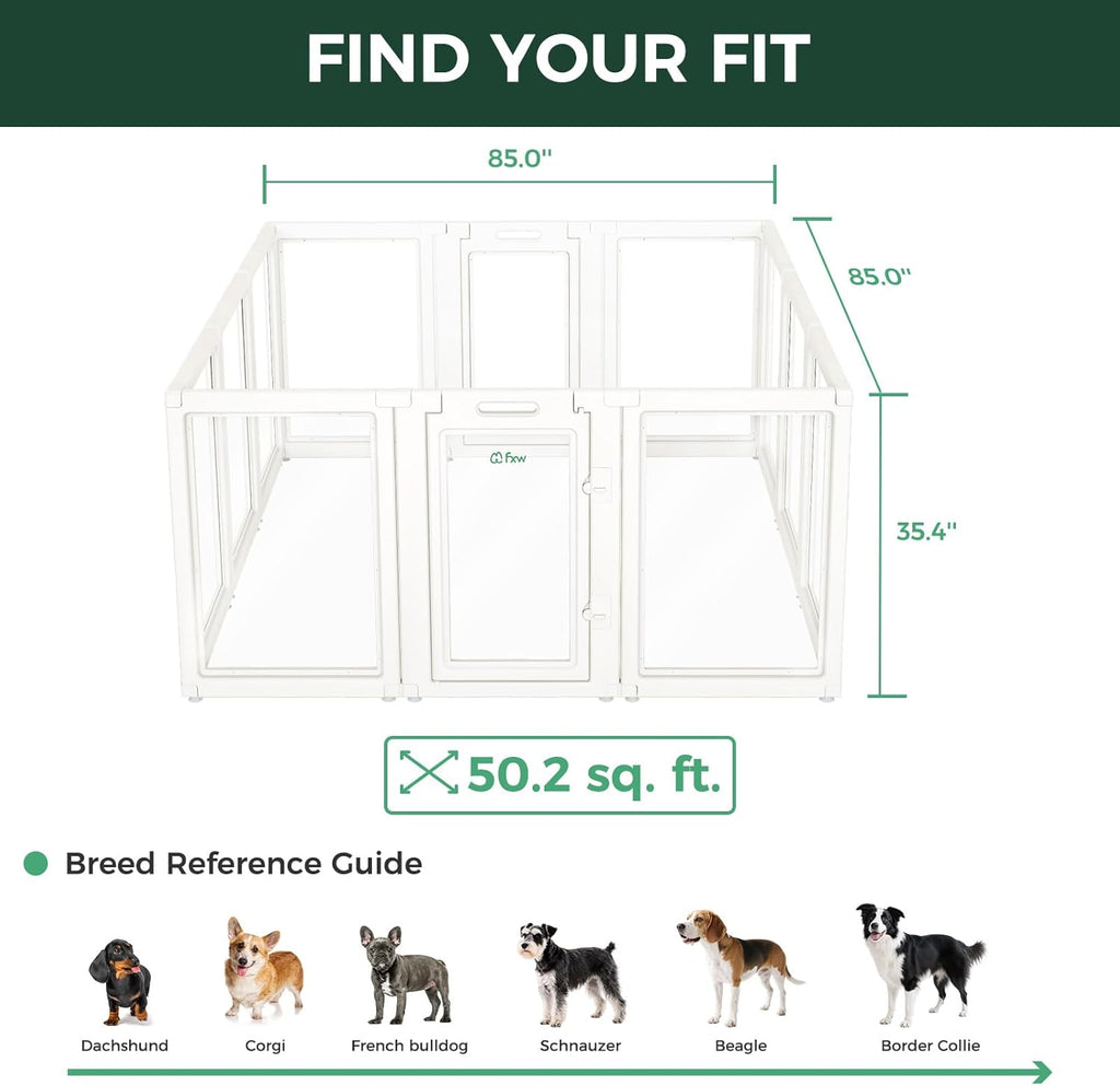 FXW AuraSpace Acrylic Indoor Unleashed Dog Playpen for Medium Dogs, 35 Inch, 12 Panels, White