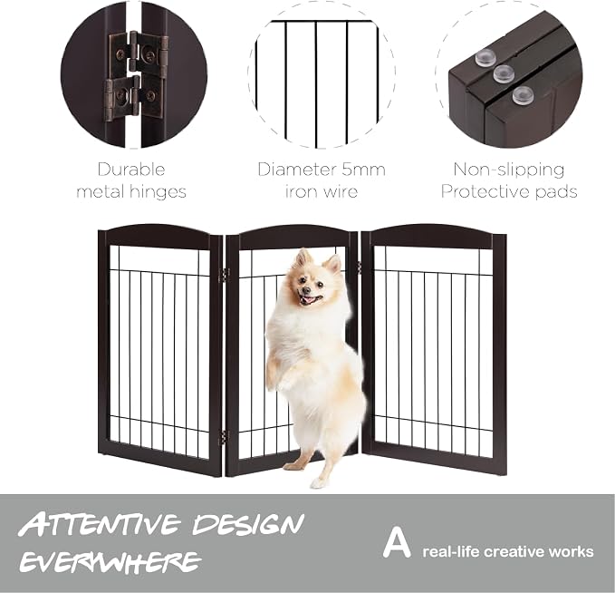 PAWLAND 72” Extra Wide Dog Gate for The House, Doorway, Stairs, Freestanding Foldable Wire Pet Gate, Pet Puppy Safety Fence,30" Height (Espresso, 3 Panels)