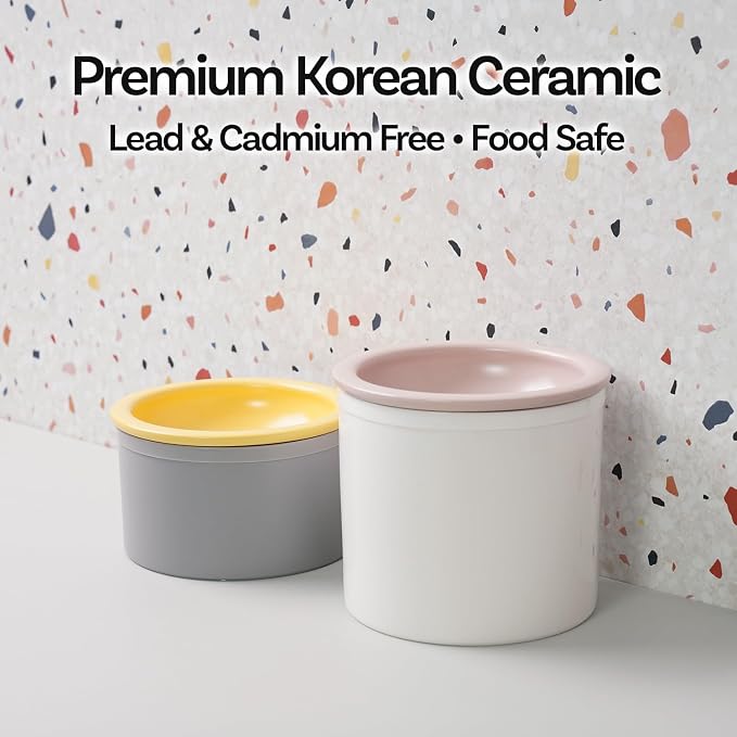Hello Bowl Elevated Ceramic Cat Bowl with Stand, Raised Whisker-Friendly Feeding Bowl for Cats & Small Dogs, Patented Design, Made in Korea (Pink, Round Only/Wet)