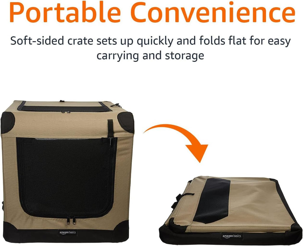 Amazon Basics 2-Door Portable Soft-Sided Folding Soft Dog Travel Crate Kennel, Medium (M 30" x 21" x 21"), Tan