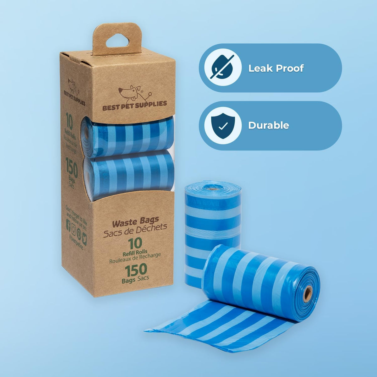 Best Pet Supplies Dog Poop Bags (150 Bags) for Waste Refuse Cleanup, Doggy Roll Replacements for Outdoor Puppy Walking and Travel, Leak Proof and Tear Resistant, Thick Plastic - Blue Strips