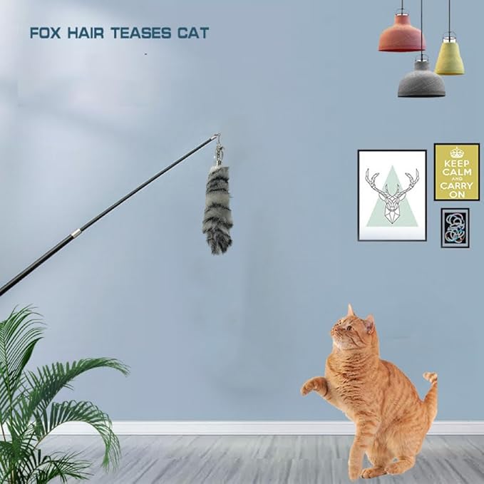 Interactive Cat Wand Toy with Cat Dancer, Retractable Feather Fox Tail Teaser for Indoor Cats, Enrichment Play Kittens to Senior Cats(Arctic White)