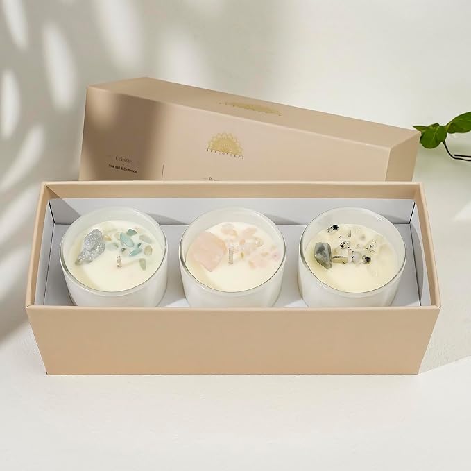 Soy Candles - Crystal Candles with Rose Quartz Moonstone Celestite - Scented Wax Gift Set - Black Currant & Rose, Amber Noir, Sea Salt & Drift Wood - 3 Pack 3.5oz