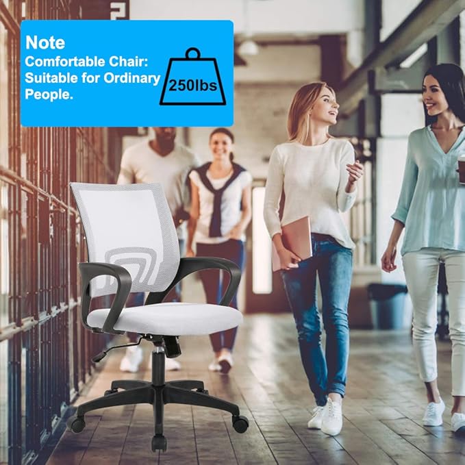 BestOffice | Ergonomic Office Chair | Mid-Back Swivel Desk Chair | Breathable Backrest & Lumbar Support | Adjustable Height | Sponge Seat | Rolling Wheels | White | for Adults & Women