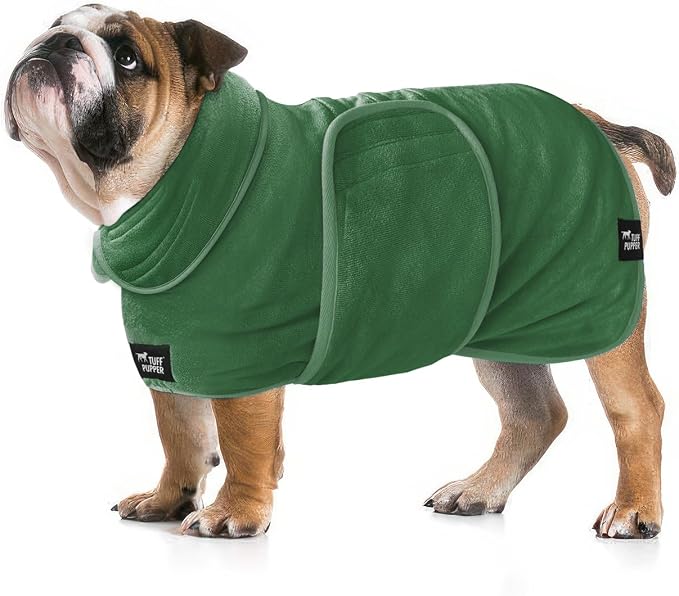 Tuff Pupper Fast Drying Dog Bath Robe | 800 GSM Plush Dog Towel Bathrobe/Dressing Gown | Super Absorbent Pet/Puppy Bathrobe | Adjustable Hood & Belly Strap | Super Soft | Fast Drying (L, Green)