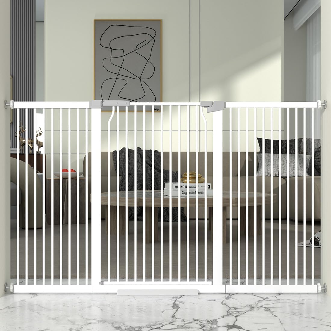 41" Extra Tall and Wide Baby Gate, 65.8-68.5'' Wide Pet Cat Gate for Doorway, Extra Wide Pressure Mounted Child Door with Expansion Kit, Metal Safe Gate, Tall Dog Gate, White