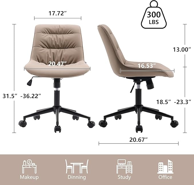 Kidol & Shellder Faux Leather Office Chair, Adjustable Swivel Height Task Chair, Rolling Wheels & Soft Backrest - Armless Ergonomic Desk Chair for Home, Office,Vanity,Gaming（Khaki）