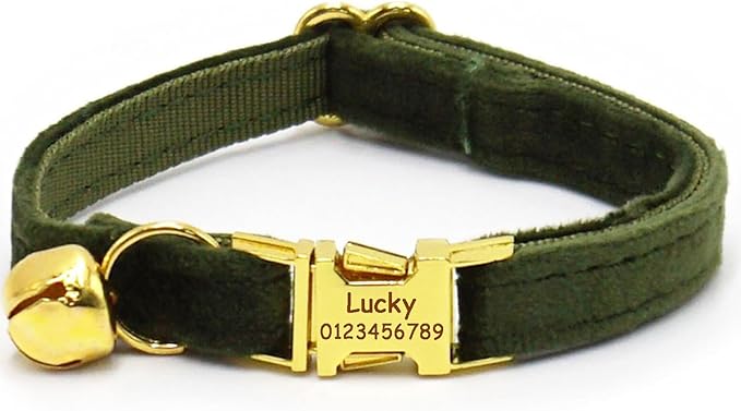 Personalized Cat Collar with Bells,Velvet Customized Small Cat Collar with Name Tag,Pet Collar with Name Phone Number Engraved ID Tags for Boy and Girl Kitten Cats (Deep Green)