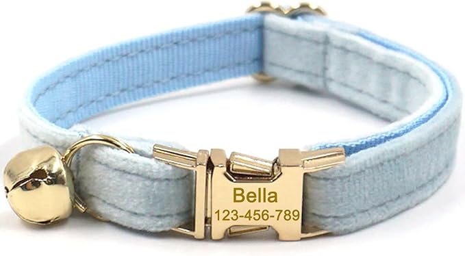 Personalized Cat Collar with Bells,Velvet Customized Small Cat Collar with Name Tag,Pet Collar with Name Phone Number Engraved ID Tags for Boy and Girl Kitten Cats (Sky Blue)