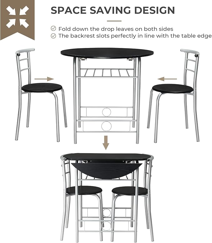 VINGLI 31.5" Drop Leaf Dining Table Set 3 Pieces for Small Space,Small Kitchen Table Set for 2,Round Folding Dining Table with 2 Chairs for Home,Kitchen,Apartment,Silver&Black