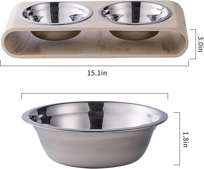 Beige Marble Elevated Dog Bowls Set - 2 Thick 6" Stainless Steel Puppy Food Bowl with Non-Slip Raised Holder Stand, Double Feeding Bowls for Food and Water, Suitable for Cats and Small Medium Pet