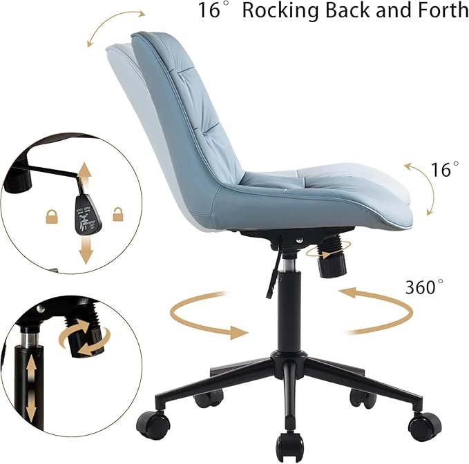 Kidol & Shellder Faux Leather Office Chair, Adjustable Swivel Height Task Chair, Rolling Wheels & Soft Backrest - Armless Ergonomic Desk Chair for Home, Office,Vanity,Gaming（Blue）