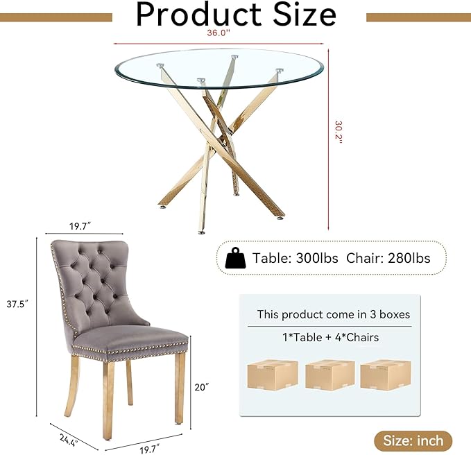 Goujxcy Small Round Dining Table Set for 4, Modern Glass Kitchen Table Chairs Set of 4, 5-Piece Dining Table Set w/36 Circle Gold Glass Dining Room Table and 4 Grey Upholstered Dining Chairs