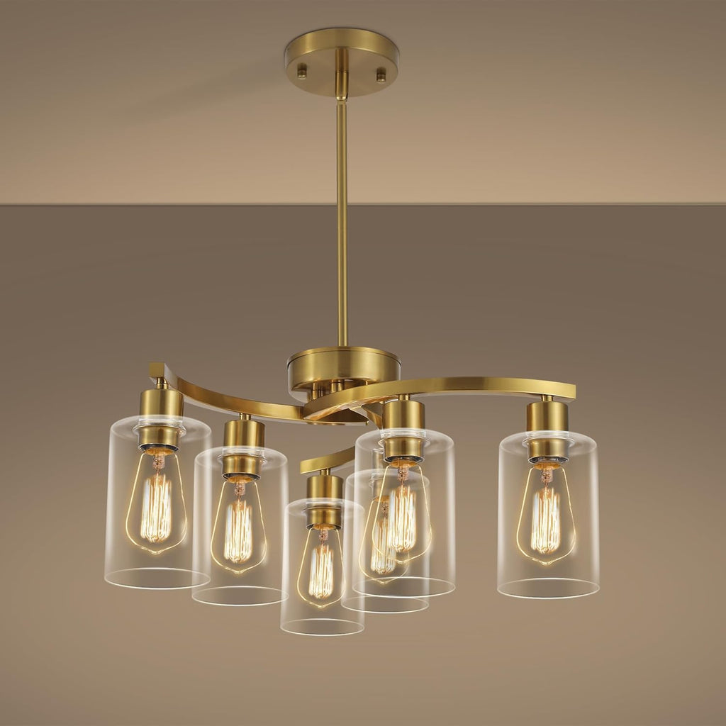 6-Light Gold Chandeliers for Dining Room, Modern Kitchen Island Light Fixtures Over Table, Metal Hanging Pendant Lighting for Living Room Stairwell Entryway Bedroom, Clear Glass Shade