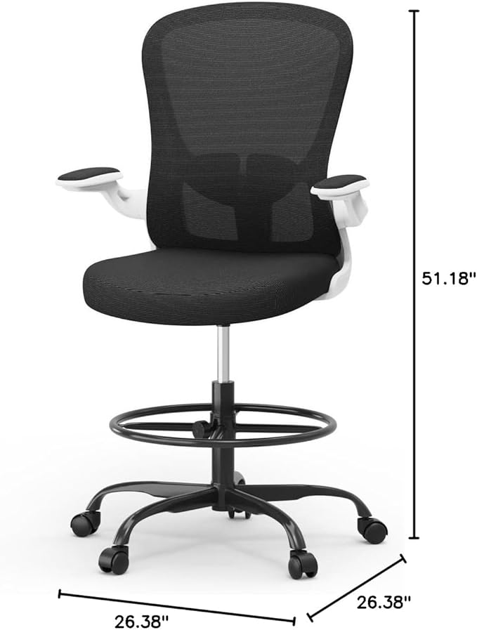 Drafting Chair, Tall Office Chair with Flip-up Armrests Executive Ergonomic Computer Standing Desk Chair, Office Drafting Chair with Lumbar Support and Adjustable Footrest Ring