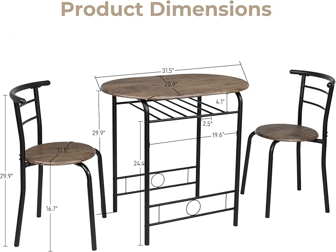 VINGLI 3 Piece Dining Set,Small Kitchen Table Set for 2,Breakfast Table Set for 2,Kitchen Wooden Table and 2 Chairs for Small Space/Dining Room/Apartment,Metal Frame,Wine Rack,Rustic