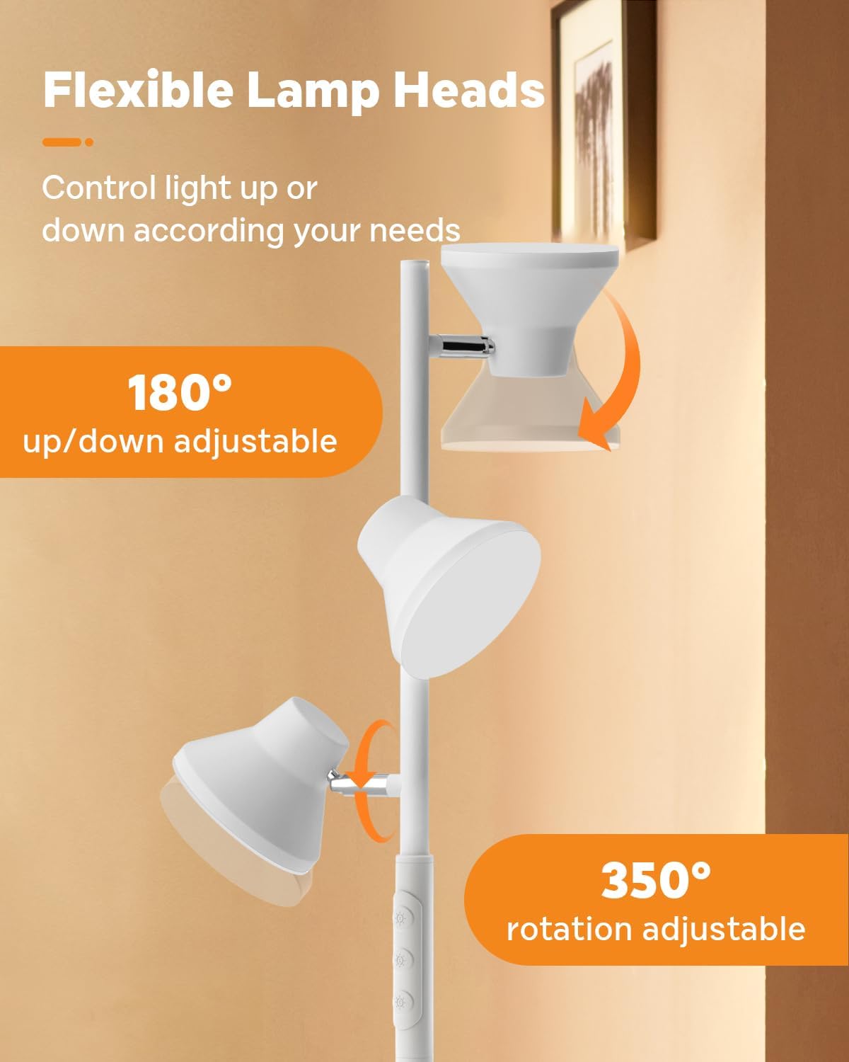 White Floor Lamp, 36W Modern Dimmable Standing Lamp 2700-6500K, 3 Rotatable LED Lights Reading Tall Lamp, Touch & Remote Control Floor Lamps for Living Room Bedroom Office