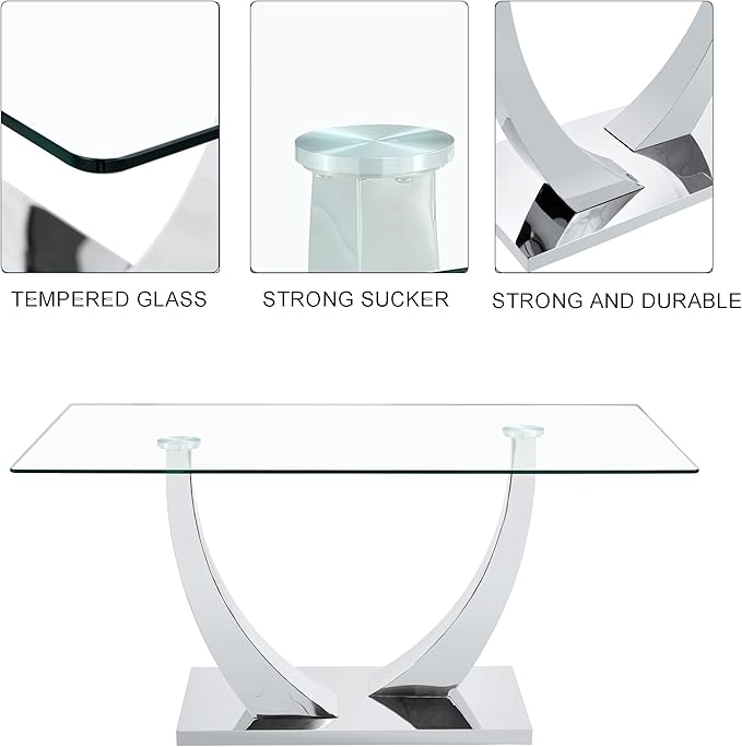 Modern Dining Table and Chairs for 6 - 63'' Glass Table with Silver U-Shaped Legs