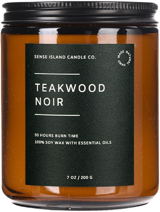 Teakwood Noir Mahogany Crackling Wood Wick Candle for Men – Strong Masculine Scent, 100% Soy, 50-Hour Burn – Luxury Scented Candle with Crackling Wooden Wick for Home, Office, Gifts