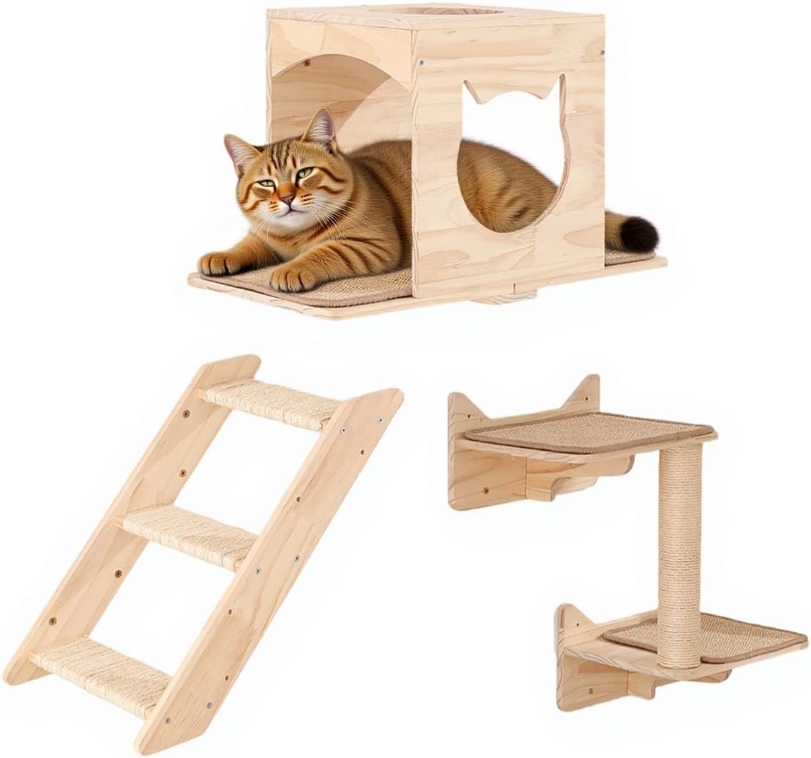 Cat Wall Shelves Set – Wall Mounted Cat Furniture with House, Sisal Mat, Scratching Posts & Perches – Indoor Climbing Shelves for Large Cats