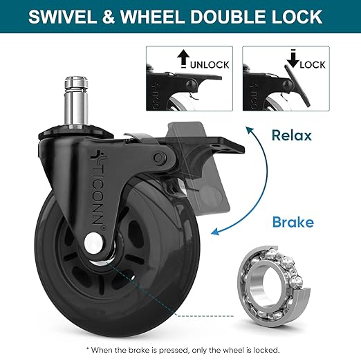 TICONN Office Chair Caster Wheels Set of 5 for Tile, Hardwood Floors and Carpets, Universal Fit for Most Chairs (Black with Brake)