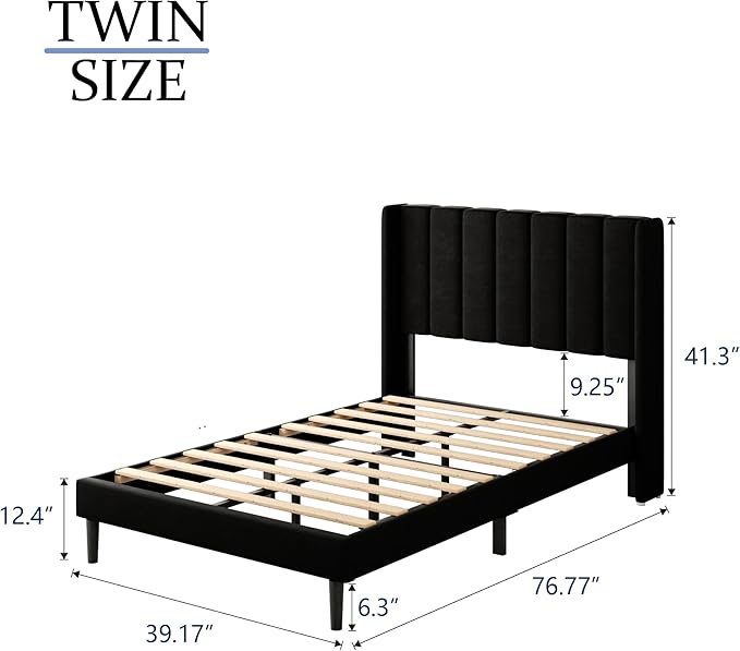 Twin Size Bed Frame with Upholstered Wingback Headboard, Easy Assemnly Platform Bed, Wooden Slat Support No Box Spring Needed, Black