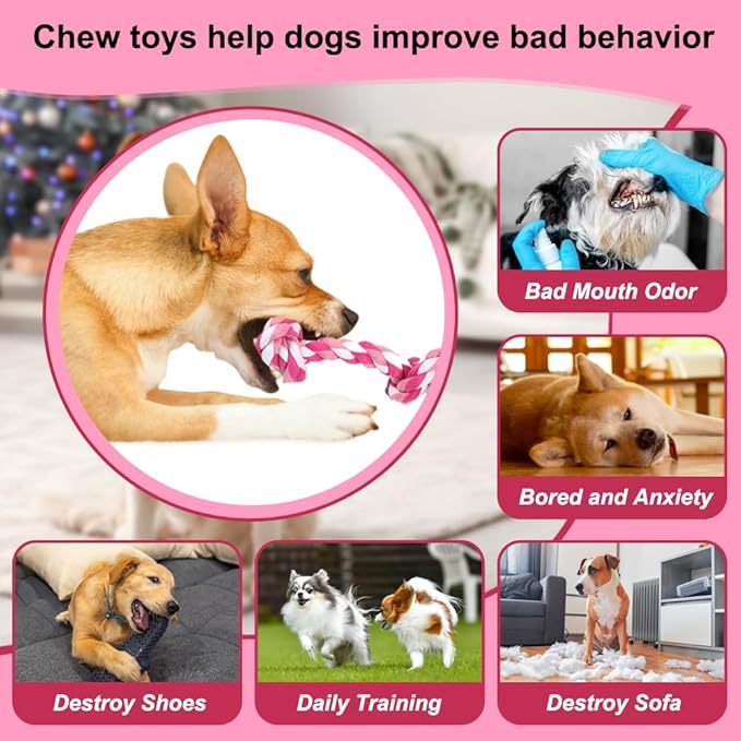 SZEE Dog Rope Toy, 14 in 3 Knots Chew Rope for Small Medium Dogs, Natural Cotton Pull Toy for Tug of War and Teeth Cleaning (Pink)