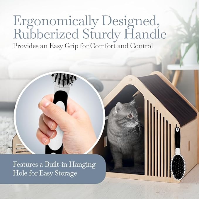 Fuller Brush 2-in-1 Double-Sided Pet Brush - Electroplated Round-Ended Steel Pins Positioned Into a Flexible Cushion on One Side & Nylon Bristles - Remove Shedding - Tool For Grooming Dogs & Cats