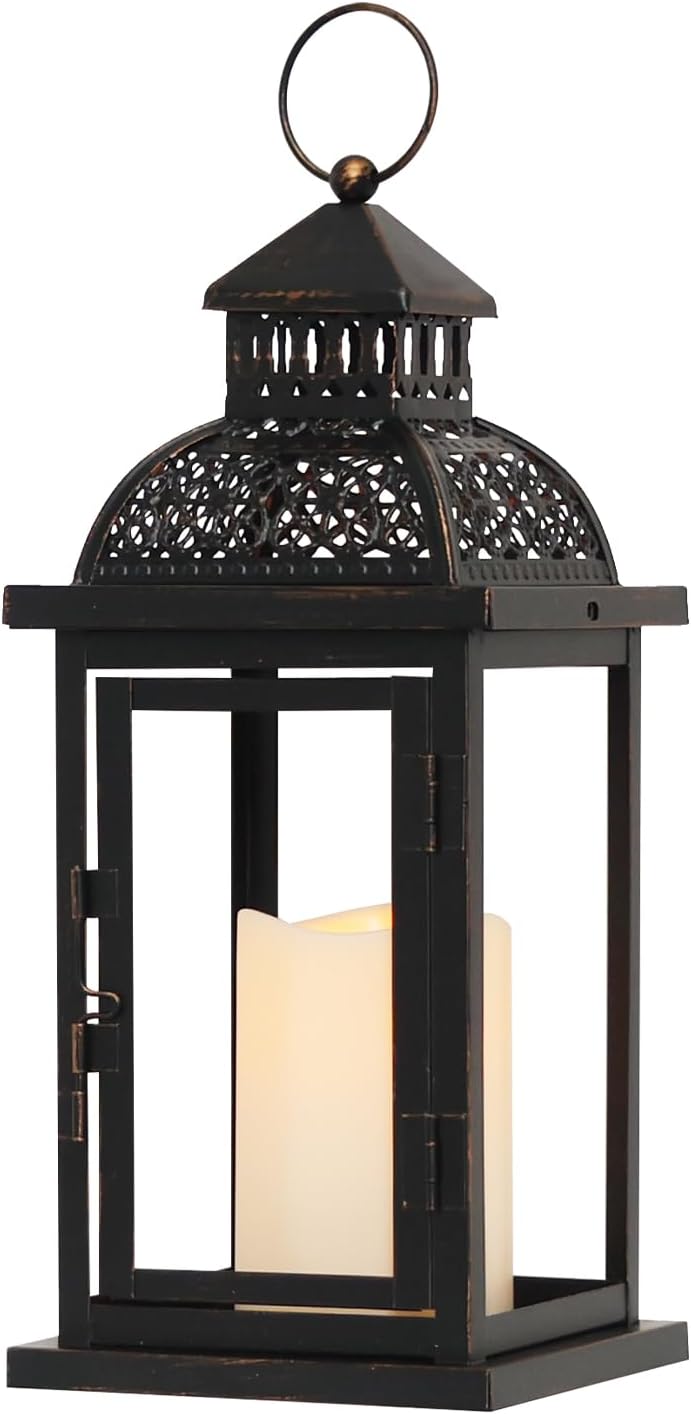NEEDOMO Lanterns Decorative Indoor & Outdoor, 15'' Lantern with LED Candle, Vintage Metal Hanging Lanterns for Patio, Front Porch,Yard, Table, Spring (NO Glass)