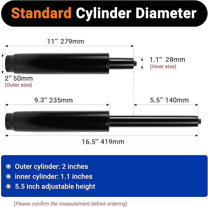 5.5" Office Chair Cylinder Replacement - Heavy Duty 1000lbs Class 4 Hydraulic Lift with Silent 360° Rotation, Universal Pneumatic Piston Fit for Sinking Desk/Gaming Chairs