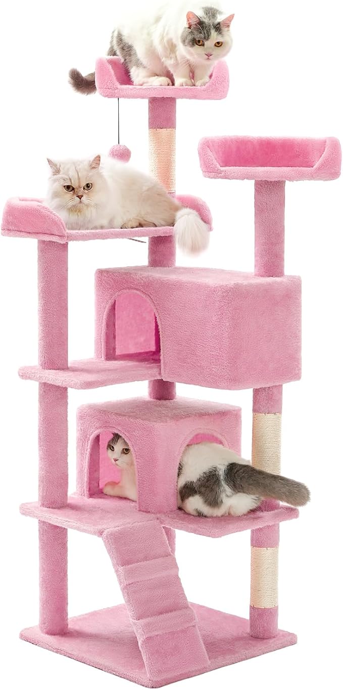 Made4Pets Cat Tree Tower 56" Cat Tower for Indoor Cats Kitten Tree Multi-Level Cat Tree with 2 Condo Furniture Activity Center with Scratching Posts Funny Toys (Pink)
