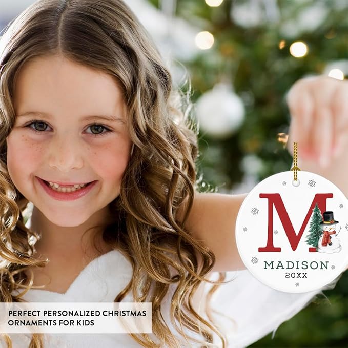 Andaz Press Personalized Ornament, Custom Name, Initial M Monogram Snowman 2.8" Ceramic Porcelain 2025 Christmas Ornament Keepsake for Kids, Boys, Girls, Initial Ornaments Monogram Ornaments 1-Pack
