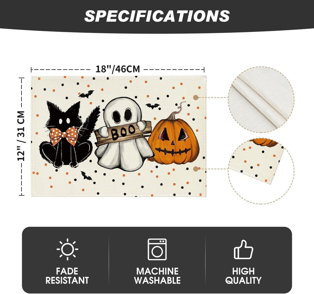 Artoid Mode Beige Polka Dot Ghost Pumpkin Cat Boo Halloween Placemats Set of 4, 12x18 Inch Seasonal Table Mats for Party Kitchen Dining Decoration